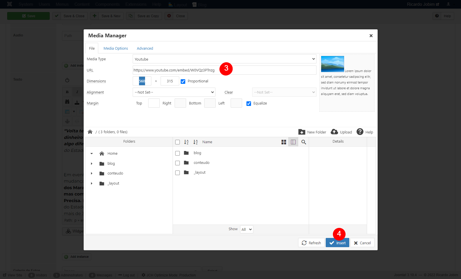 Adicionar um V&iacute;deo no meio do conte&uacute;do de texto