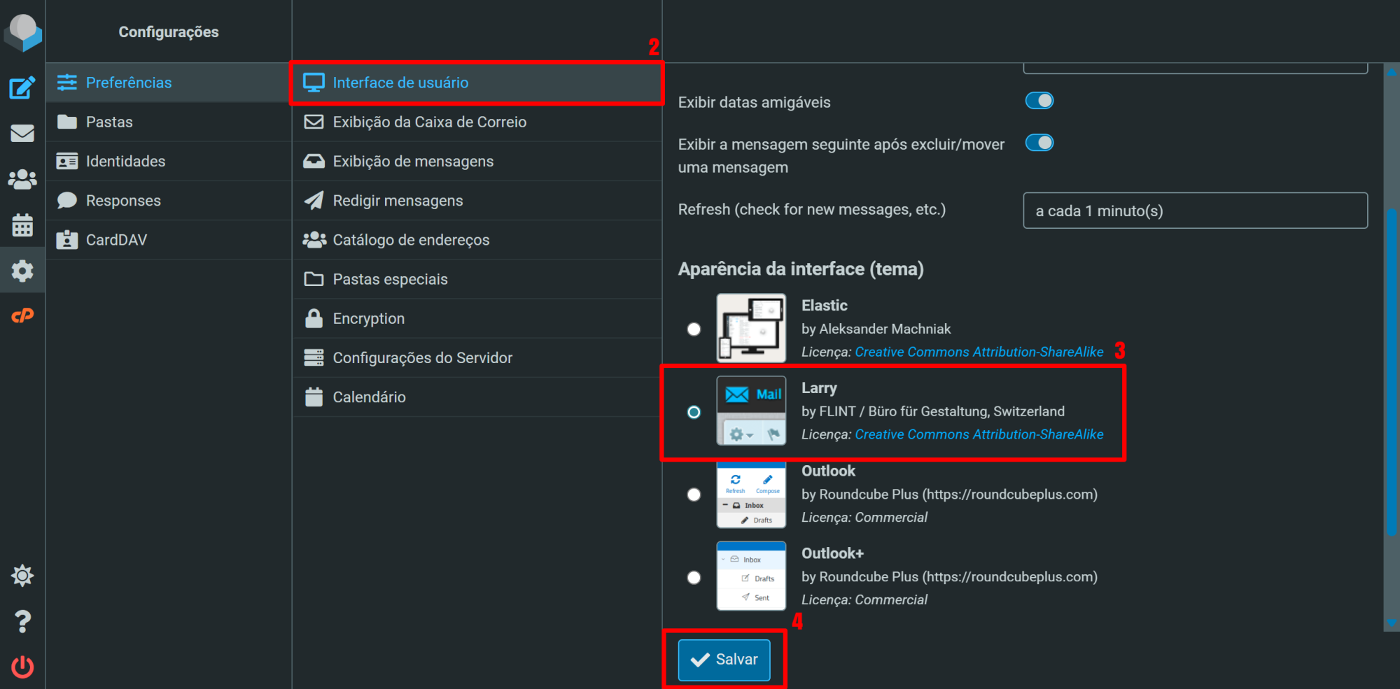 Como alterar o layout do Webmail para o tema padr&atilde;o (Larry)